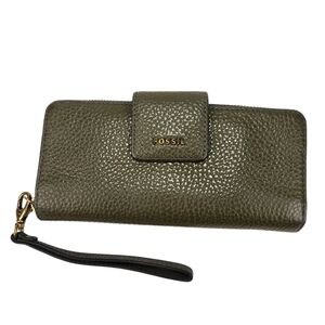 Fossil Logan Leather RFID Tab Clutch Wallet Green Bifold Organizer Zip Around